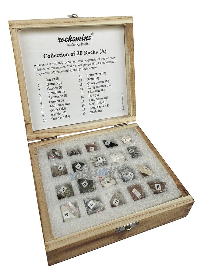 Rocksmins Collection of 20 Rocks Specimens in Wooden Box for School Education Igneous Sedimentary Metamorphic Samples Collections Introductory Activity Geology Great Educational STEM Toys for Kids - Image 1